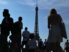 People walking in front of the Eiffel Tower with a blue sky in the background.