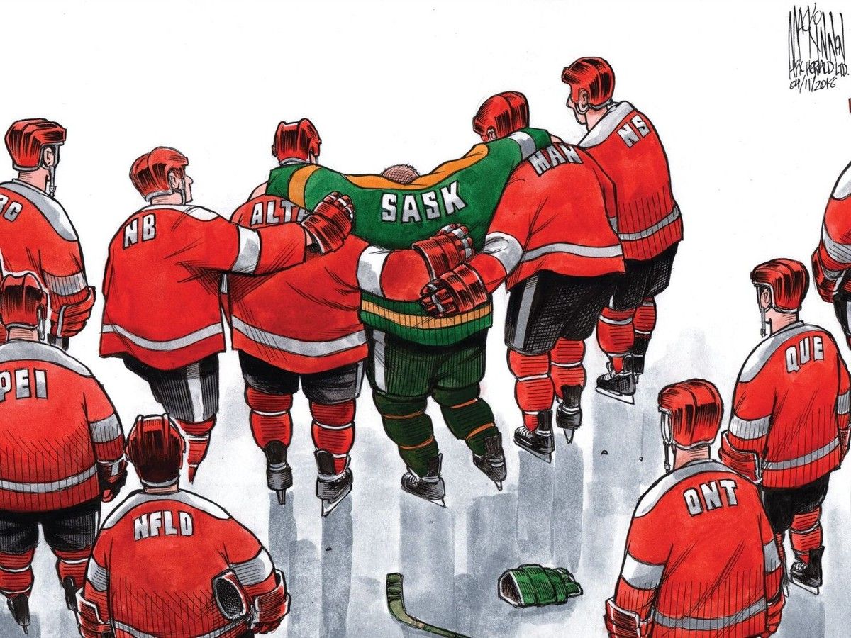 Canada Post had reproduced the work of editorial cartoonist Bruce MacKinnon of The Chronicle Herald on a stamp. One of the cartoons reproduced was drawn following the Humboldt Broncos bus crash in 2018. Canada Post had reproduced the work of editorial cartoonist Bruce MacKinnon of The Chronicle Herald on a stamp. One of the cartoons reproduced was drawn following the Humboldt Broncos bus crash in 2018.