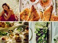 Clockwise from top left: author Georgina Hayden, seadas saganaki (cheese and honey triangles), basil semifreddo and lablabi party (chickpeas and toast)