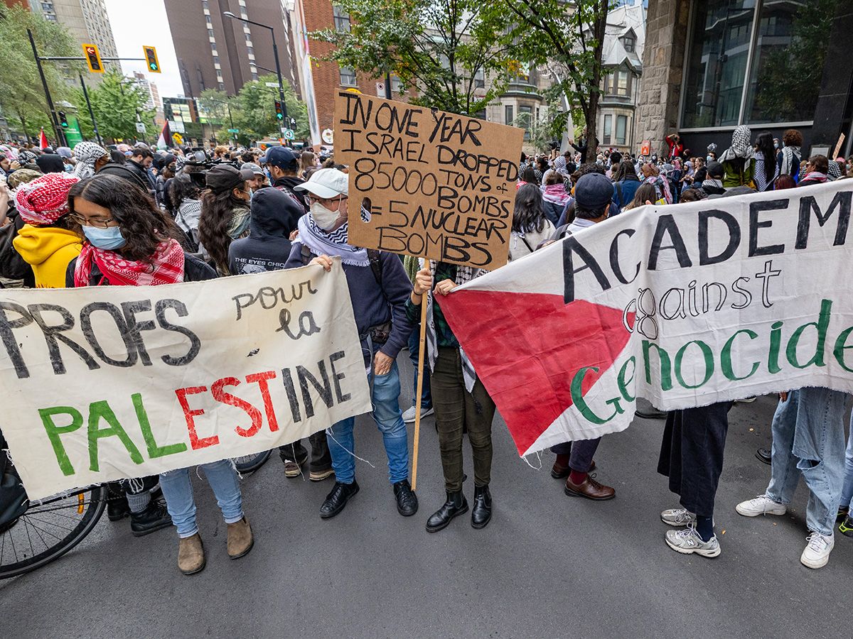  Anti-Israel protesters rally at Concordia University in Montreal on Oct. 7, 2024, the one year anniversary of the Hamas attack on Israel.