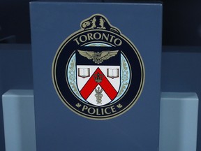 A podium with the Toronto police logo