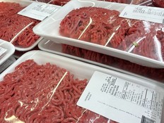 Packets of beef mince in a grocery store cooler.