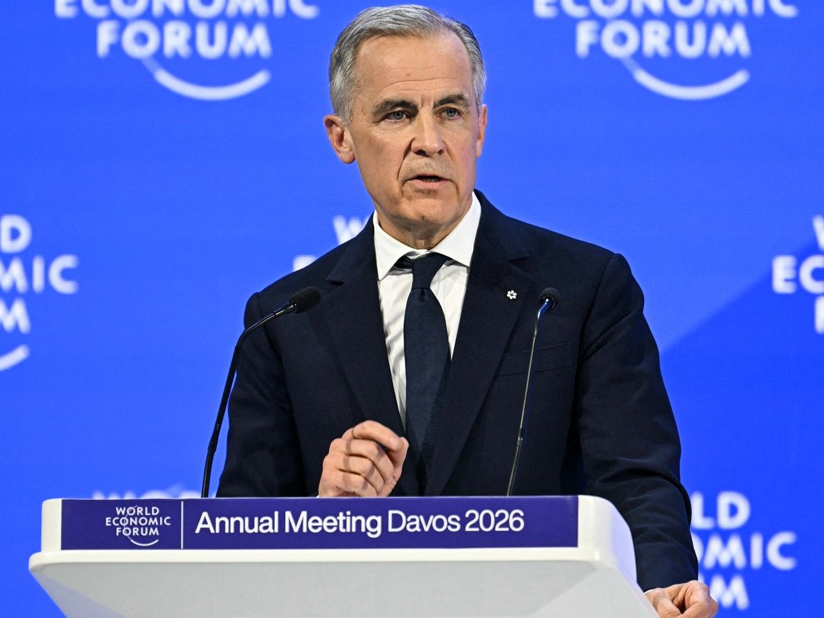  Canada’s Prime Minister Mark Carney delivers a speech during the World Economic Forum (WEF) annual meeting in Davos on January 20, 2026.