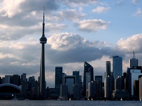 Toronto skyline from Lake Ontario on a cloudy day.