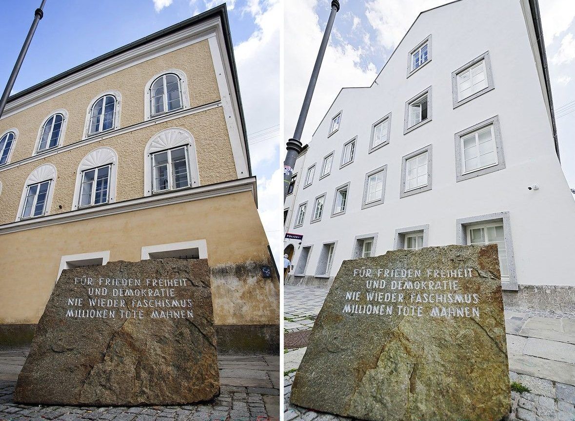 A sidy-by-side of the house where Hitler was born and the stone outsdie it befor eand after the renovation project.