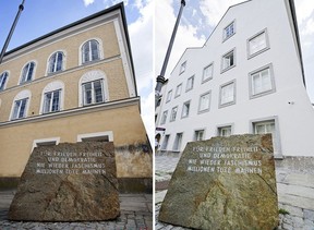 A sidy-by-side of the house where Hitler was born and the stone outsdie it befor eand after the renovation project.
