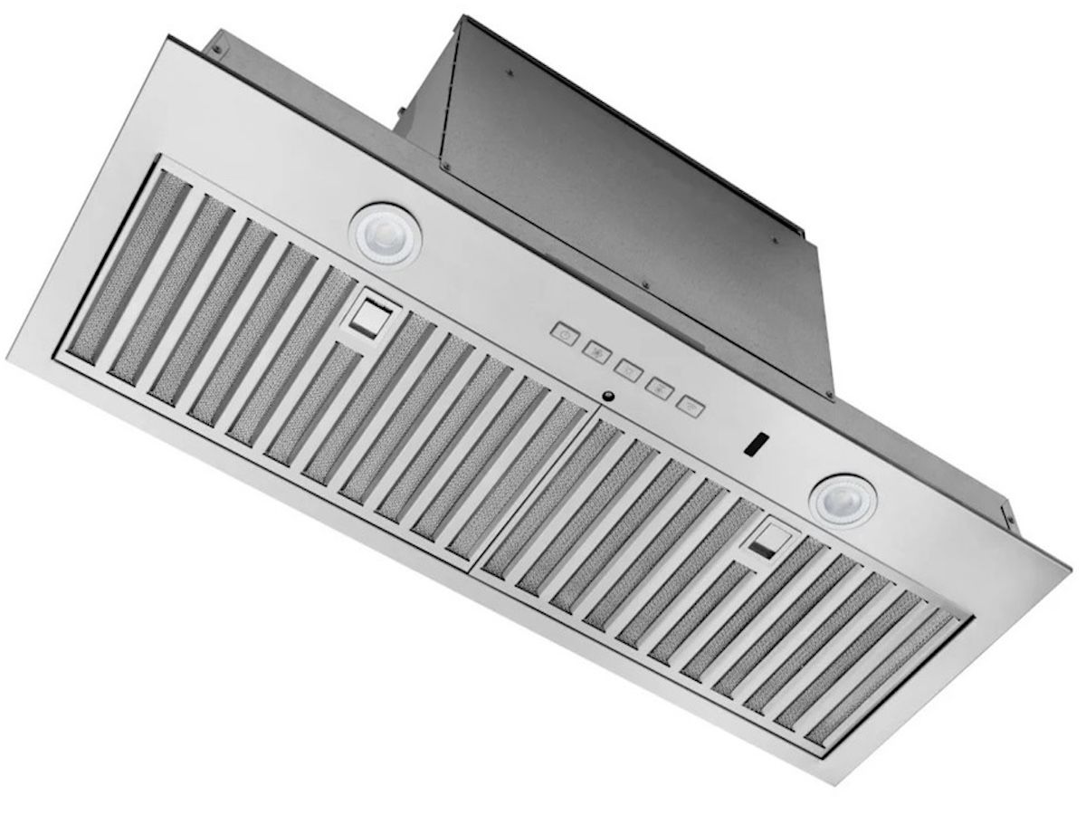 An integrated hood can be made to disappear or used in a statement feature. Best Cabinet insert range hood, $899, canadianappliances.ca.