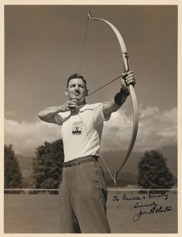 Joe Atherton as a young man at an archery competition in a sepia photograph.
