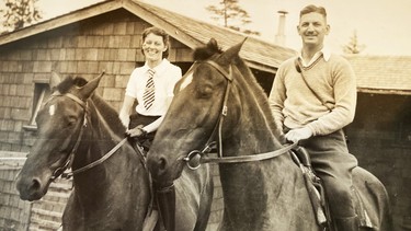 RCMP Supt. Joe Atherton, with his first wife, Eileen, both on horseback and smiling.