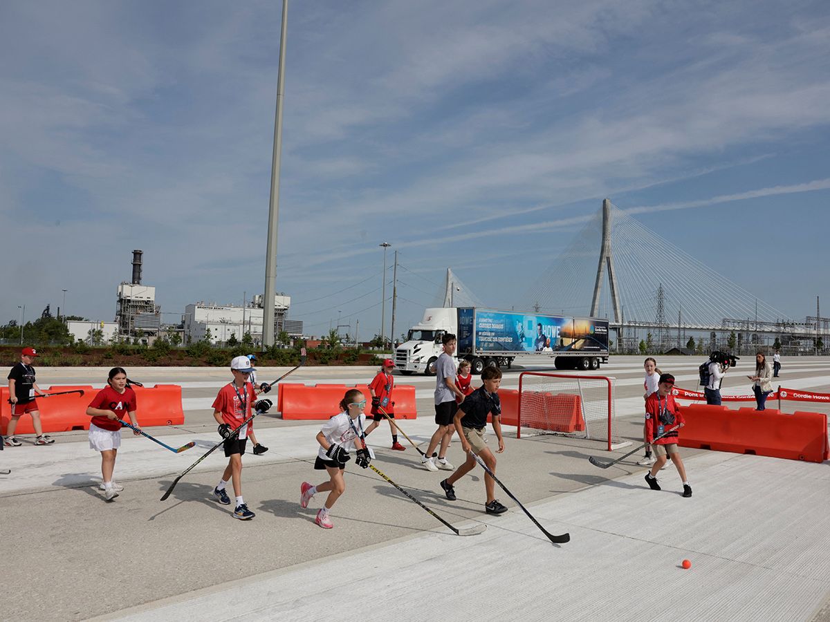 Children play hockey during the opening ceremony for the Gordie Howe International Bridge in Windsor, Ont., on July 24, 2026. Children play hockey during the opening ceremony for the Gordie Howe International Bridge in Windsor, Ont., on July 24, 2026.