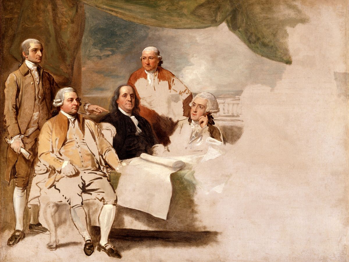  Treaty of Paris, painted by Benjamin West in 1783. The portrait shows the American delegation at the signing of the treaty, from left: John Jay, John Adams, Benjamin Franklin, Henry Laurens and William Temple Franklin. The painting was never finished because the British delegation refused to pose.