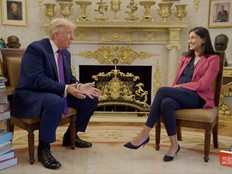 U.S. President Donald Trump speaks with Usha Vance for her "Storytime with the Second Lady" podcast, in the Oval Office of the White House.