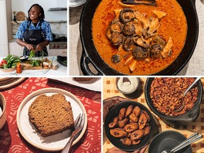 Clockwise from top left: author Afia Amoako, groundnut (peanut) soup, bean stew with fried plantains and roasted-grain date loaf