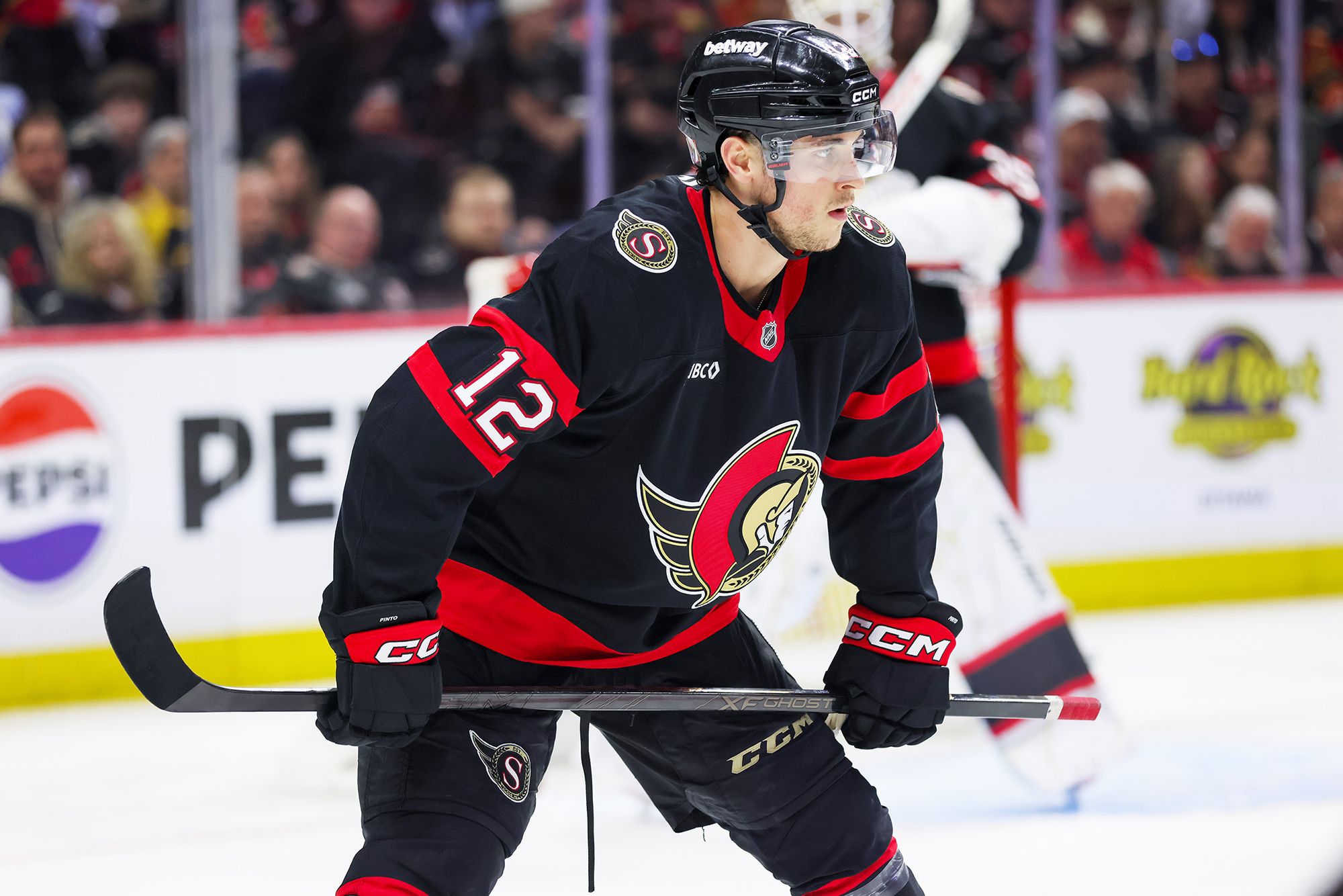 Shane Pinto of the Ottawa Senators during a hockey game.