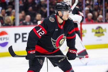 Shane Pinto of the Ottawa Senators during a hockey game.