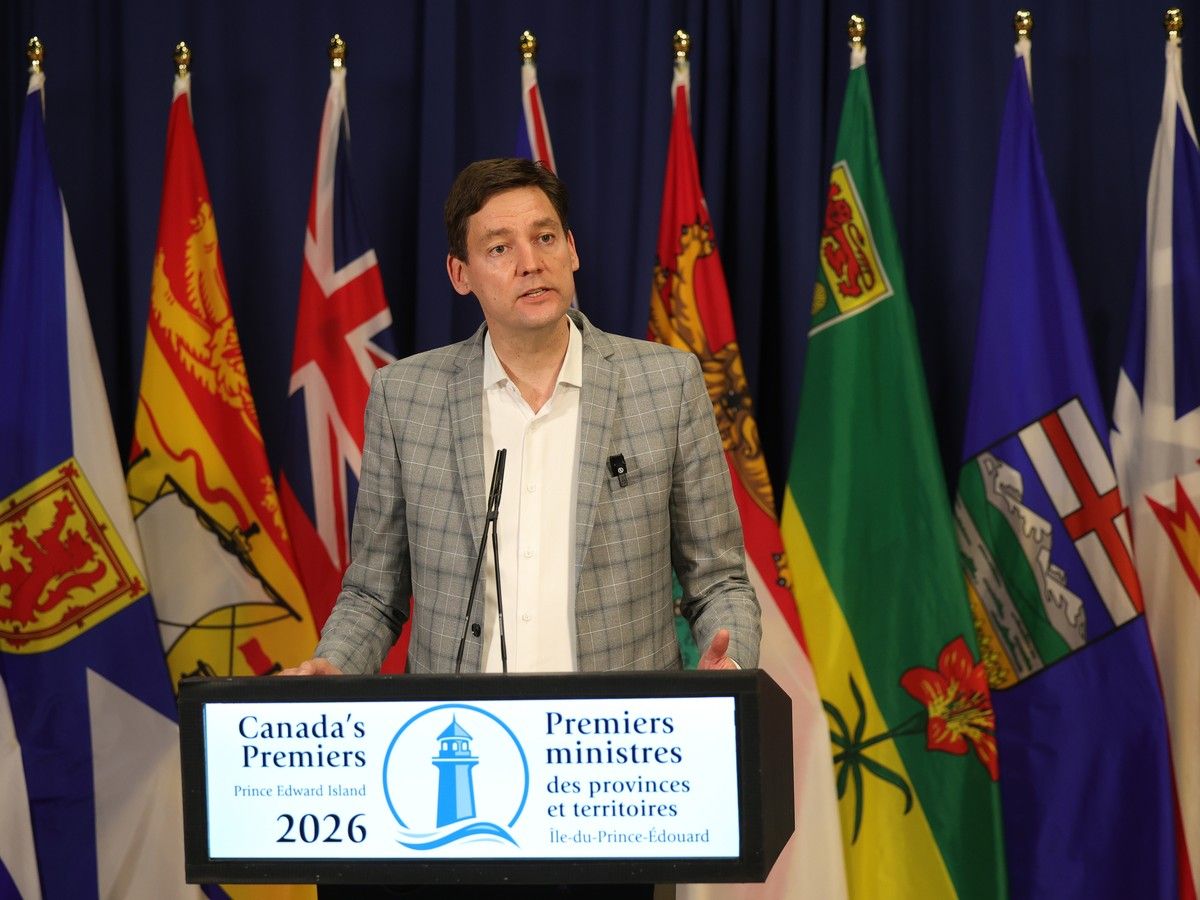  British Columbia Premier David Eby responds to the latest round of U.S. tariffs when speaking with reporters at the 2026 conference of Canada’s premiers in Charlottetown on Tuesday. (Tim Krochak/Postmedia)