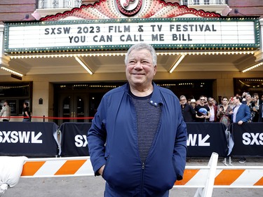 William Shatner outside a cinema with a display board reading 'SXSW 2023 Film & TV Festival: You Can Call Me Bill'.
