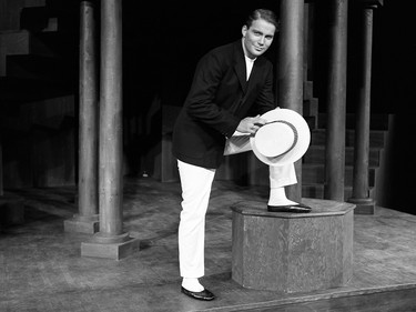 William Shatner as Lucentio in The Taming of the Shrew in a black and white photograph.
