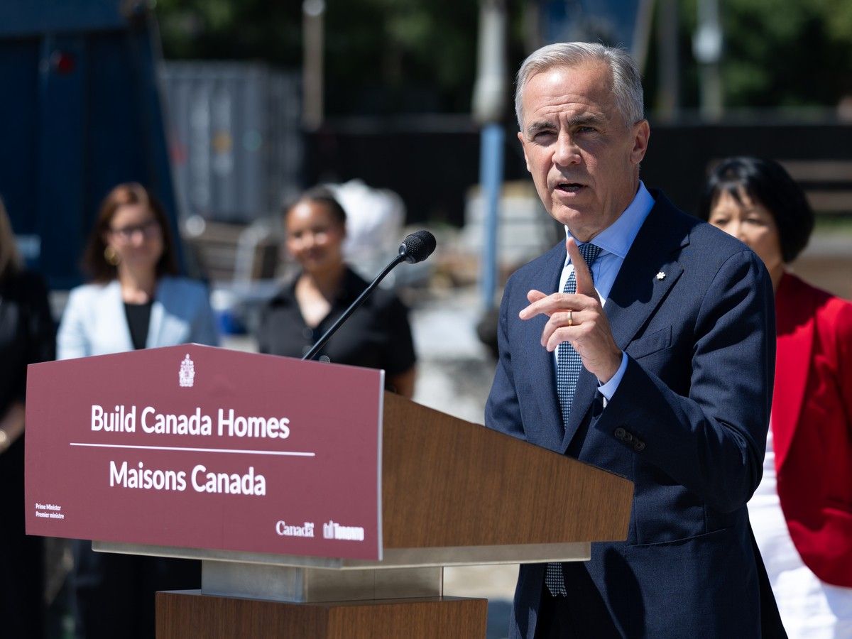 Prime Minister Mark Carney during a housing announcement at a construction site in Scarborough, Ontario on Wednesday, August 5, 2026. Prime Minister Mark Carney during a housing announcement at a construction site in Scarborough, Ontario on Wednesday, August 5, 2026.