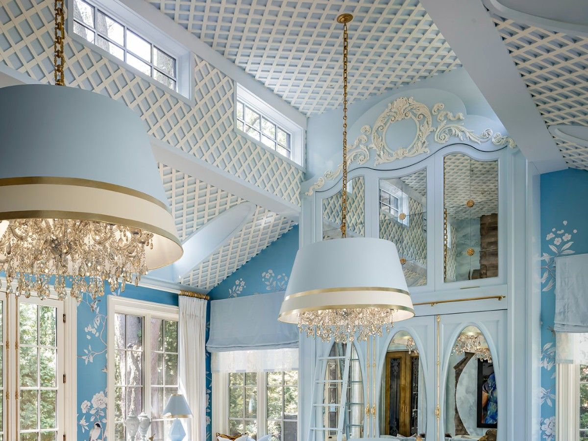 Designer Lori Morris believes in giving ceilings the royal treatment. “I don’t view any part of a room – the walls, the coverings, the decorations as more important than any other. We design the floor the walls, the archways and the ceiling all with the same intensity and purpose.”