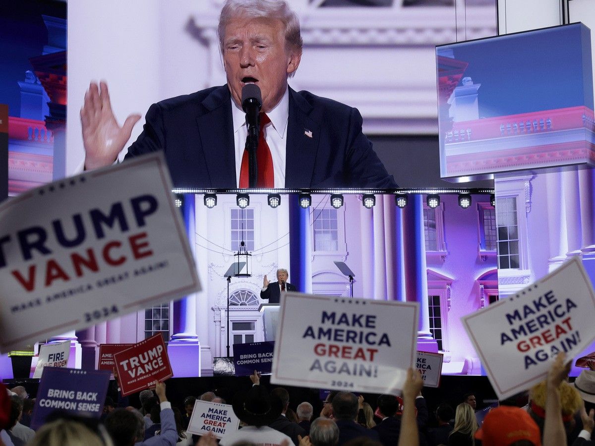Donald Trump speaks after officially accepting the Republican presidential nomination at the Republican National Convention at the Fiserv Forum on July 18, 2024 in Milwaukee, Wisconsin. Donald Trump speaks after officially accepting the Republican presidential nomination at the Republican National Convention at the Fiserv Forum on July 18, 2024 in Milwaukee, Wisconsin.