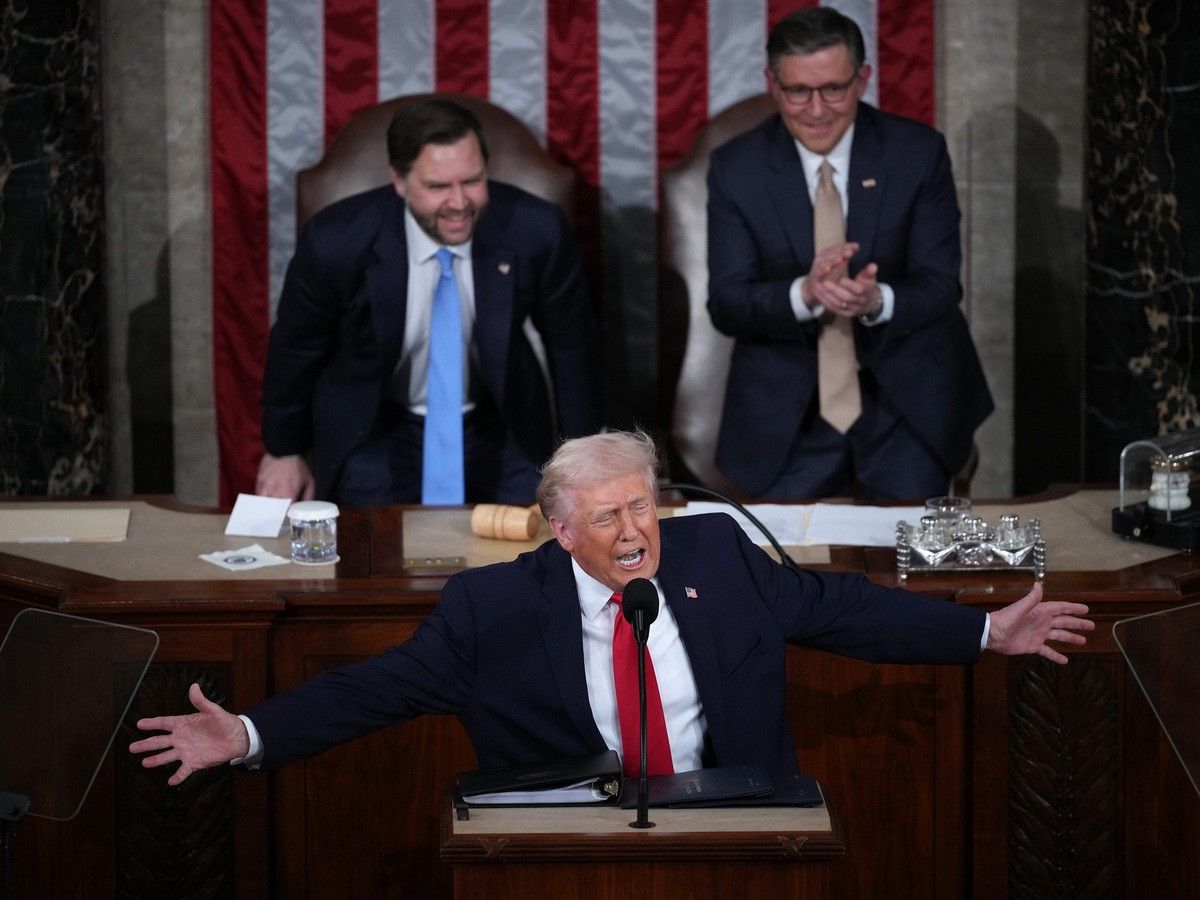 U.S. President Donald Trump, with Vice President JD Vance and Speaker of the House Mike Johnson (R-LA) looking on, delivers his State of the Union address during a Joint Session of Congress at the U.S. Capitol on February 24, 2026, in Washington, DC. 