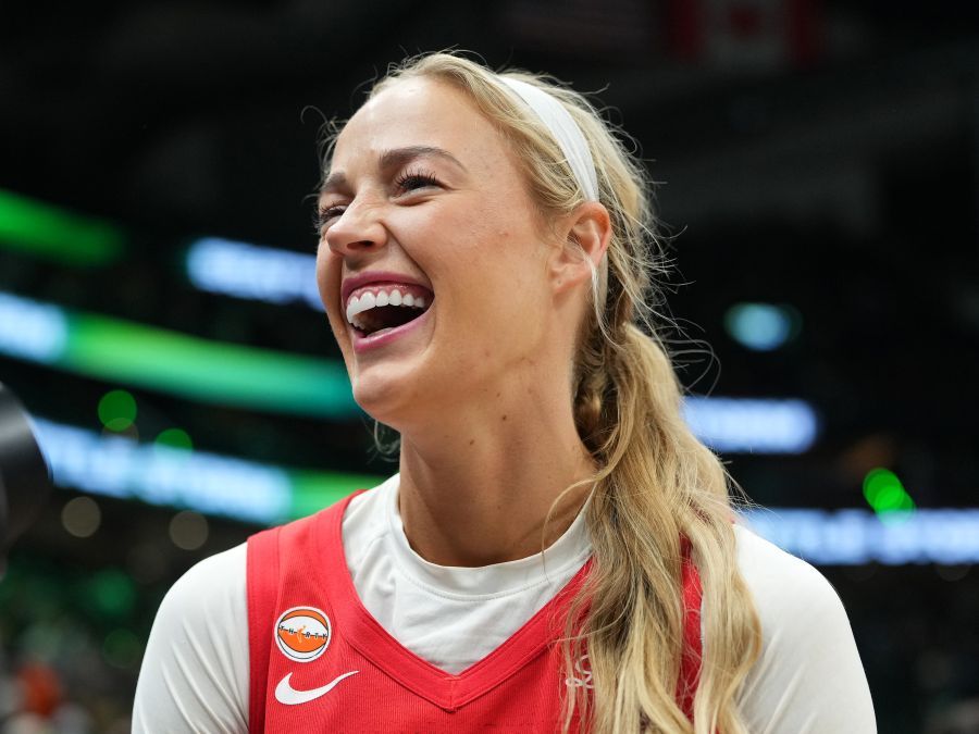 SEATTLE, WASHINGTON - JULY 28: Sophie Cunningham #8 of the Indiana Fever smiles after the win against the Seattle Storm at Climate Pledge Arena on July 28, 2026 in Seattle, Washington. (Photo by Soobum Im/Getty Images)