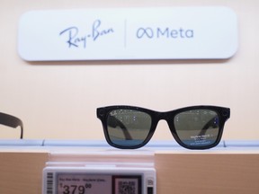 A pair of Meta's Ray-Ban sunglasses on display at a Ray-Ban store.