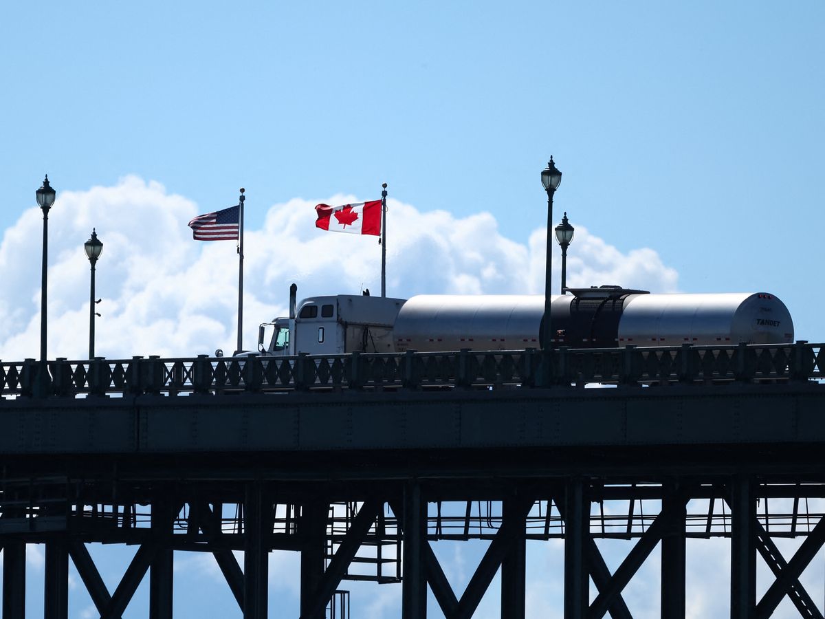 A truck passes over the Peace Bridge from Buffalo, N.Y., into Canada, in Fort Erie, Ont., on Aug, 18, 2026. 