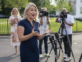 Karole leavitt speaks to reporters