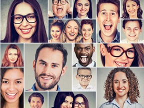 Group of happy men and women smiling in a collage.