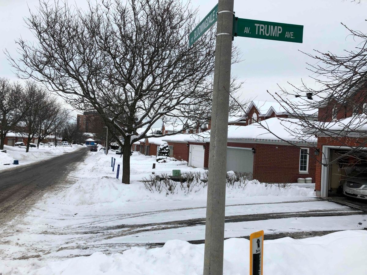 The 'Trump Avenue' street sign is seen in a west side suburb in Ottawa on Jan. 26, 2021. 