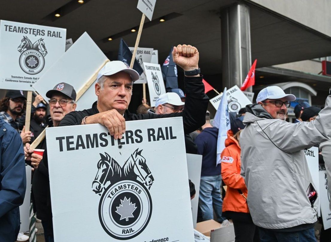 Rail workers strike at the Canadian National Railway headquarters in Montreal, in 2024.