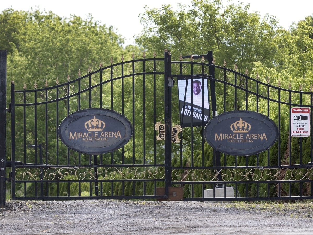  A gated entrance to the Miracle Arena church in Vaughan, north of Toronto. The Dansos bought the property in 2020 for $5.6 million.
