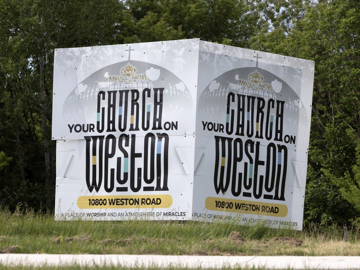  Signage outside the Miracle Arena Church north of Toronto.