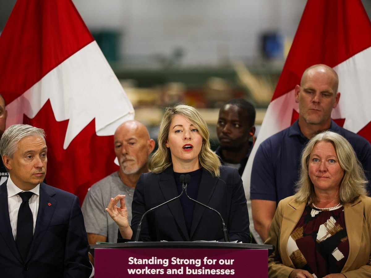 Industry Minister Mélanie Joly speaks during a press conference at Ideal Roofing Company Limited Manufacturers in Ottawa on Tuesday, Aug. 25, 2026. Industry Minister Mélanie Joly speaks during a press conference at Ideal Roofing Company Limited Manufacturers in Ottawa on Tuesday, Aug. 25, 2026.
