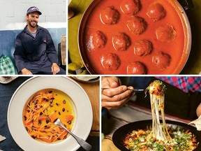 Clockwise from top left: Santiago Lastra, albóndigas (meatballs), choriqueso and butternut squash aguachile
