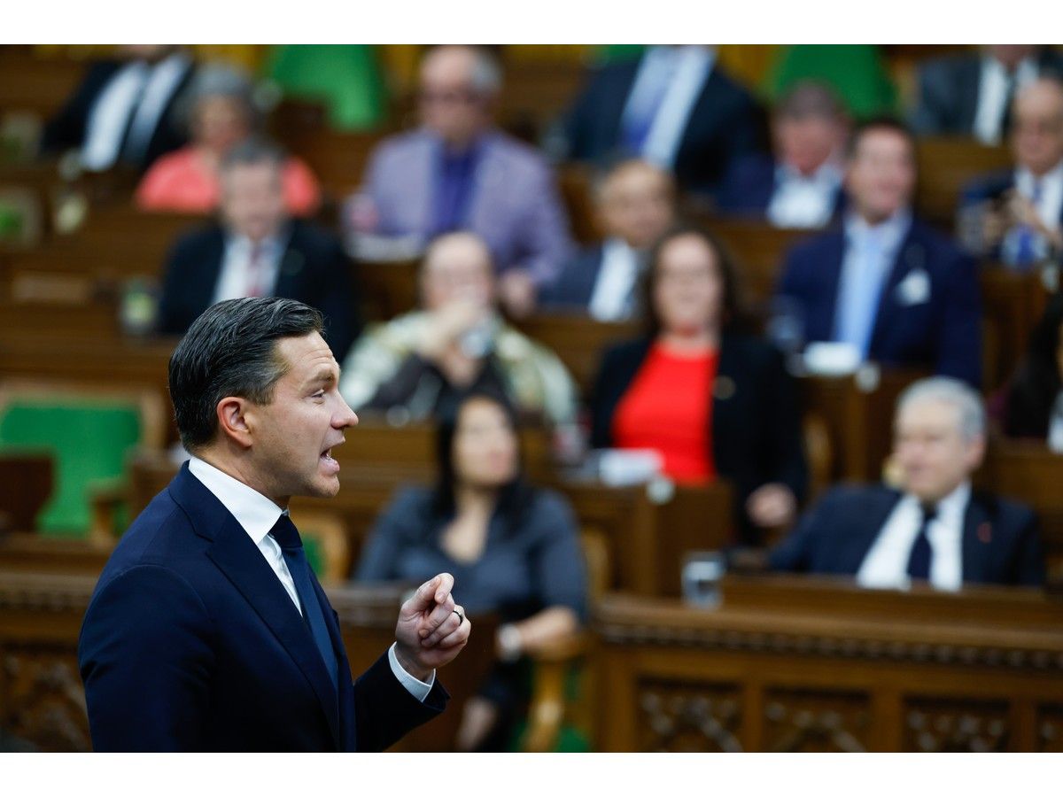 Conservative Party leader Pierre Poilievre speaks during Question Period in the House of Commons on Parliament Hill in Ottawa on Thursday, June 18, 2026.