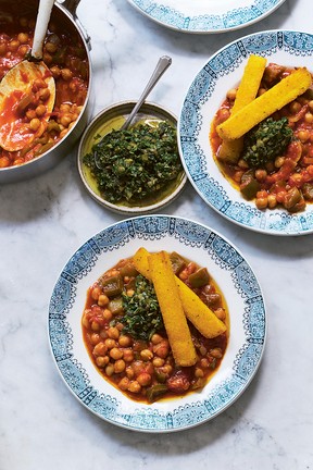 Polenta chips with saucy chickpeas