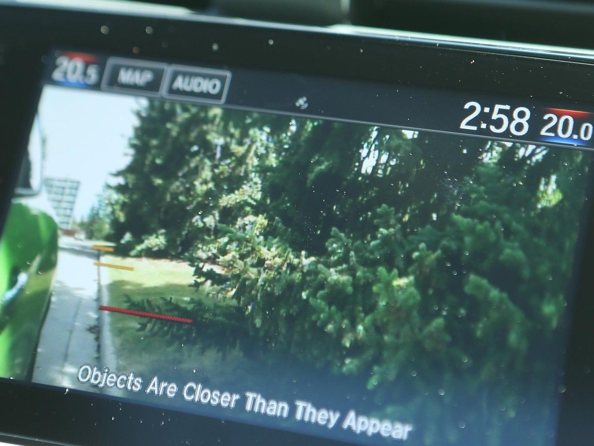  The view from the side-mounted backup camera in a 2016 Honda Civic.