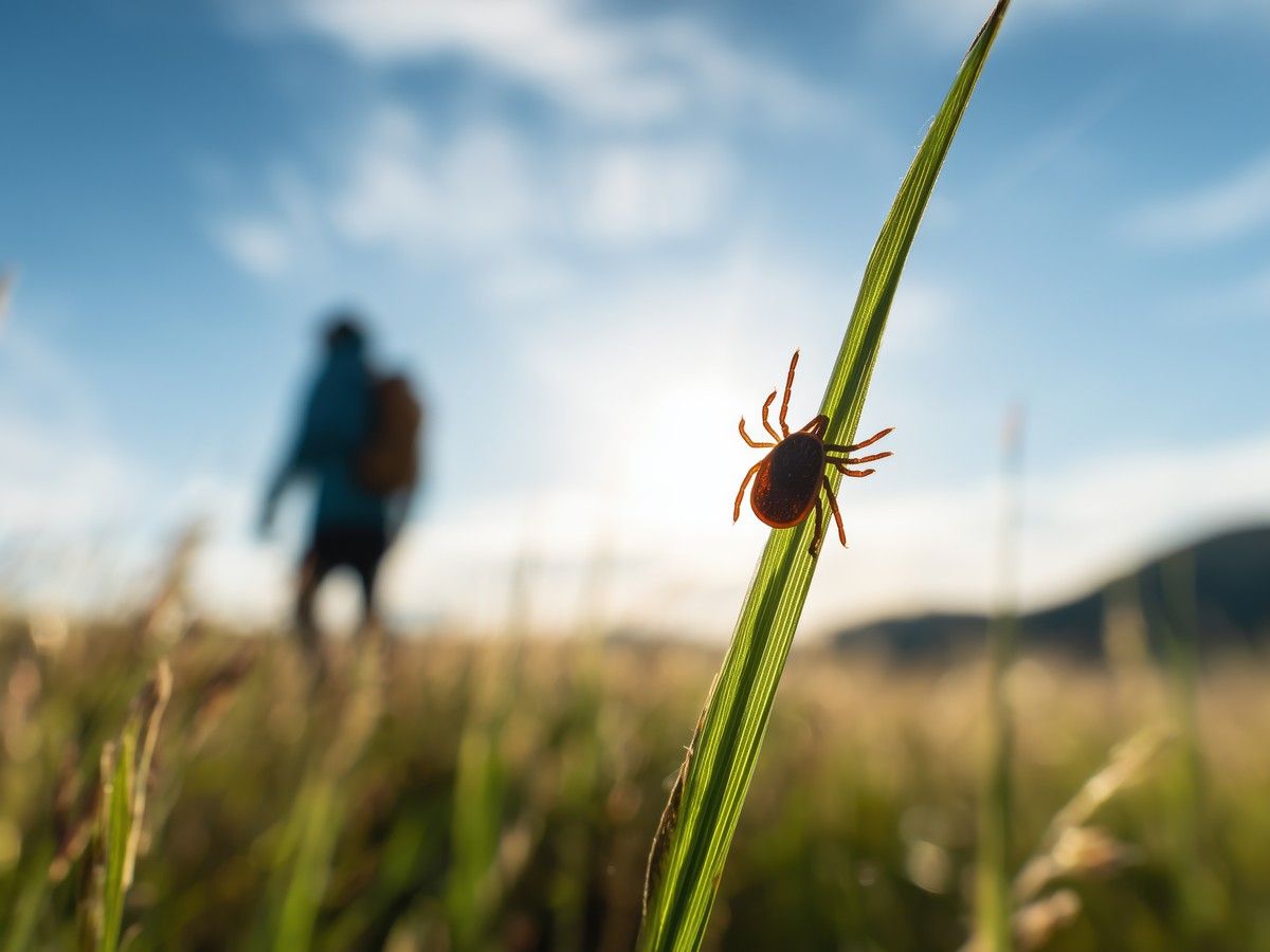 Ixodes tick on green grass with human silhouette representing exposure to infection. Vera D - stock.adobe.com Ixodes tick on green grass with human silhouette representing exposure to infection. Vera D - stock.adobe.com