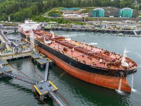 An oil tanker on the water in Burnaby, the ocean terminus of the Trans Mountain pipeline.