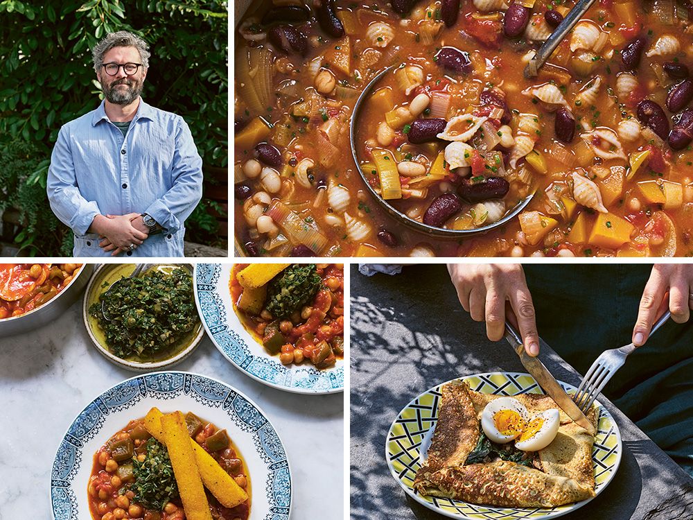 Clockwise from top left: Joe Woodhouse, squash minestrone, chard and cheddar galettes, and polenta chips with saucy chickpeas