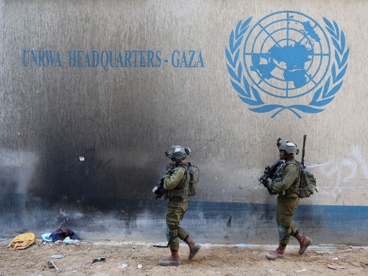 This picture taken during a media tour organized by the Israeli army on February 8, 2024, shows Israeli soldiers inside an evacuated compound in Gaza.