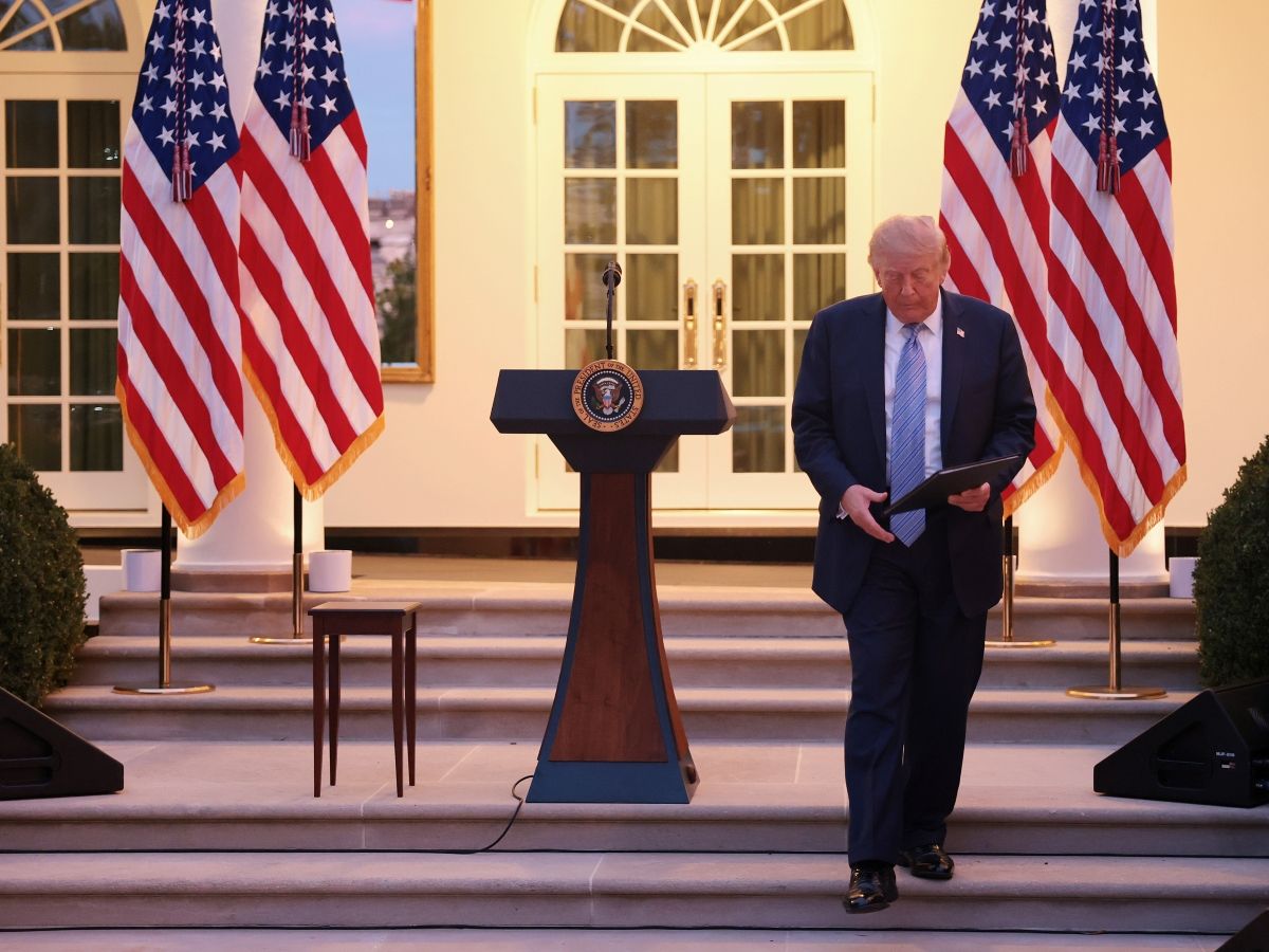 U.S. President Donald Trump steps away from the podium after speaking at a dinner in the Rose Garden of the White House on September 17, 2026 in Washington, D.C.