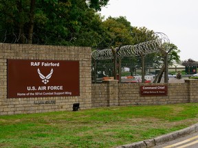The main gate of RAF Fairford in Fairford, U.K.