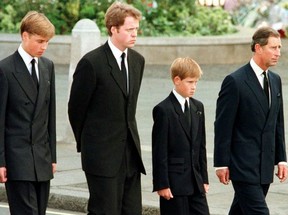 Charles Spencer (2nd right) walks behind his sister’s coffin with Princes William, Harry and Charles.
