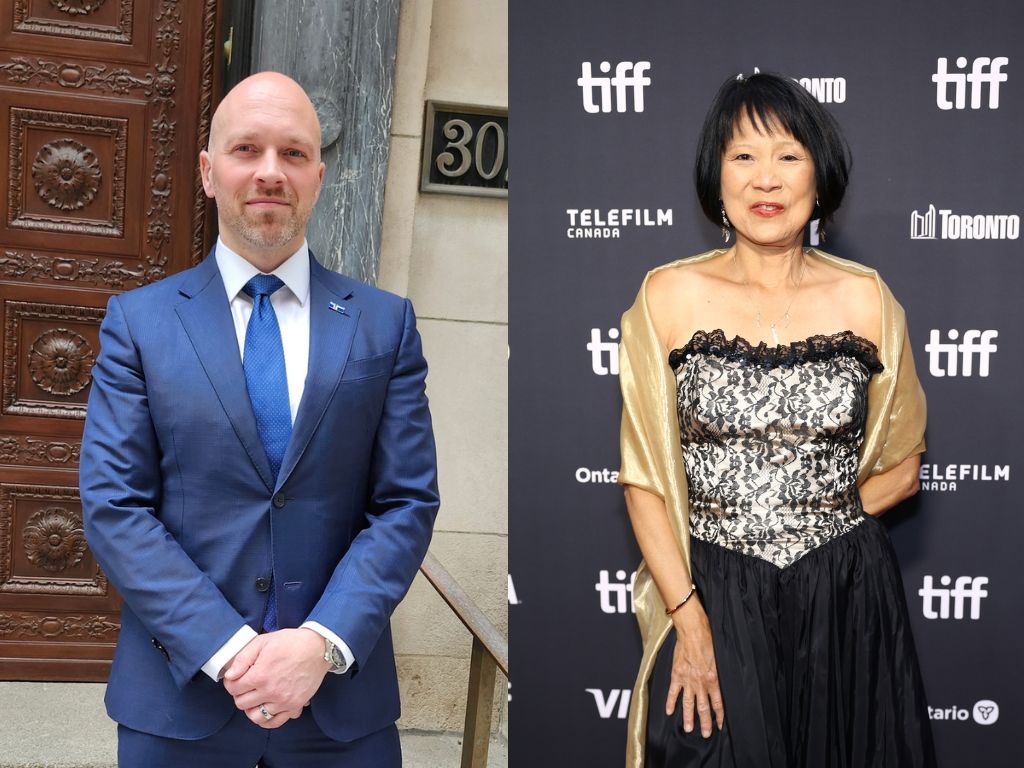 Brad Bradford (left) stands on a street in a blue suit. Olivia Chow (right) appears at TIFF.