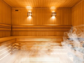 Interior of a cedar sauna.