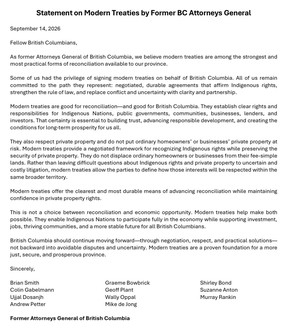 Speaking of Indigenous land transfers, on Monday a group of 11 former B.C. attorneys general put their name to this letter supporting the continued negotiation of modern treaties, which includes the eventual transfer of 120,000 hectares of Crown land already earmarked for First Nations. The 11 names represent attorneys general from three parties: The B.C. NDP, the B.C. Liberals and the B.C. Social Credit Party. Brian Smith, 92, was the province’s SoCred attorney general between 1983 and 1988.